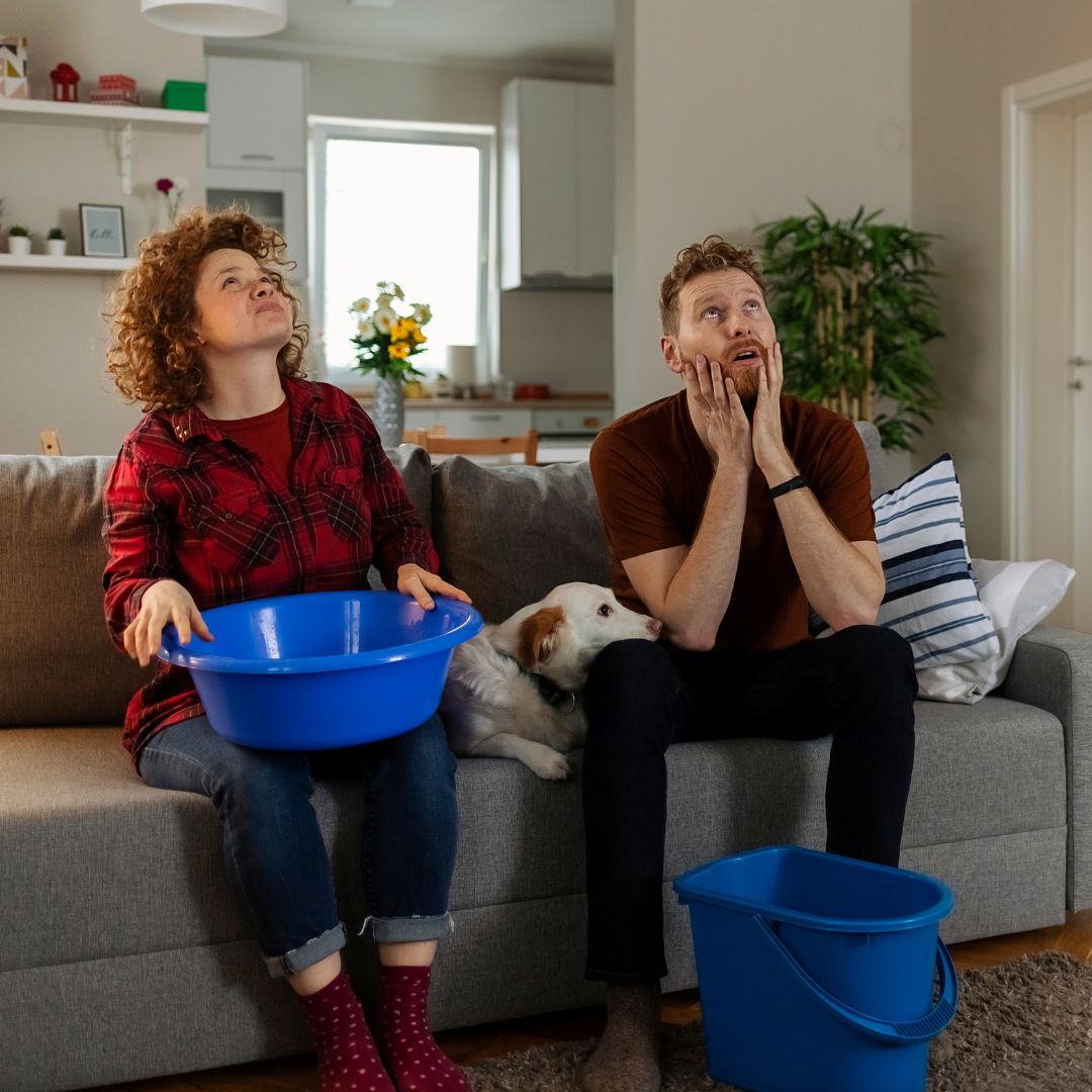 two people on a couch staring at a leaky ceiling