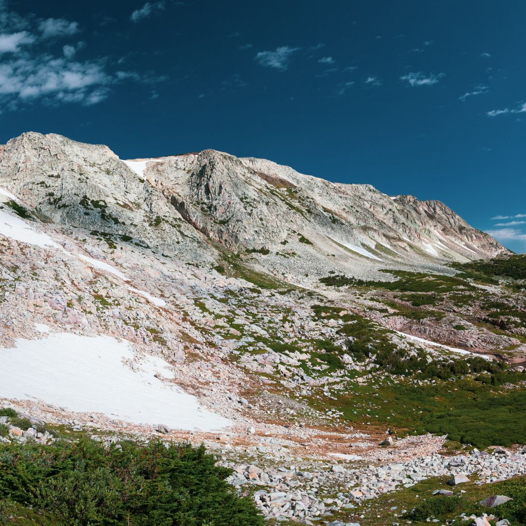 image of an alpine valley with white rocky mountains and a blue sky