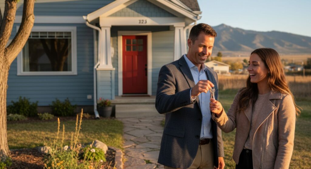 A property manager hands keys to a happy new tenant outside a Laramie rental hom