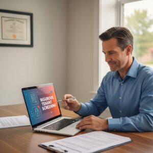 A professional reviewing a tenant's rental application documents on a laptop.