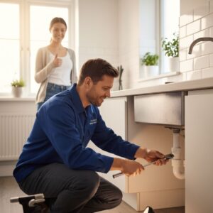 A maintenance professional performing a repair on a kitchen sink.