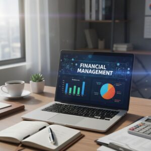 A laptop displaying financial reports and charts, symbolizing property financial management.