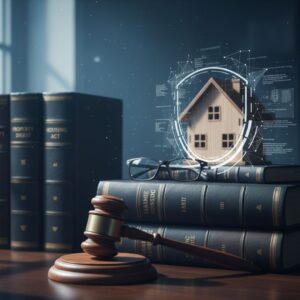 A gavel and law books symbolizing legal and regulatory compliance in housing.