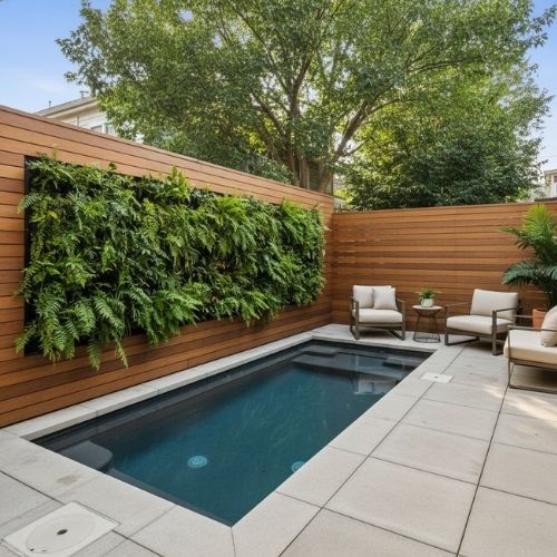 A small plunge pool tucked neatly into a cozy patio corner.