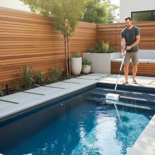 A pool owner effortlessly maintaining their clean plunge pool.