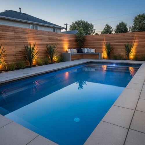 An elegant heated plunge pool illuminated at dusk, ready for year-round use.