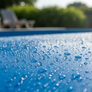 Crystal clear water beads forming on a waterproof polyurea coated surface.
