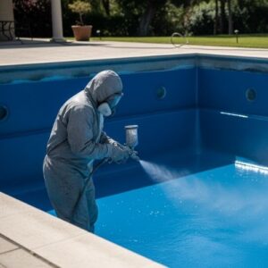A professional applicator spraying a protective polyurea coating onto a concrete pool shell.