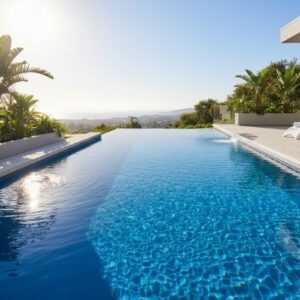 The clean, aesthetically pleasing edge of a vibrant blue polyurea swimming pool.