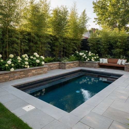 A small plunge pool cleverly placed in a garden corner to maximize backyard space.