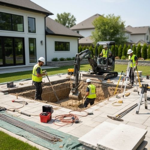 Professional plunge pool installers carefully working on the construction of a new backyard pool.
