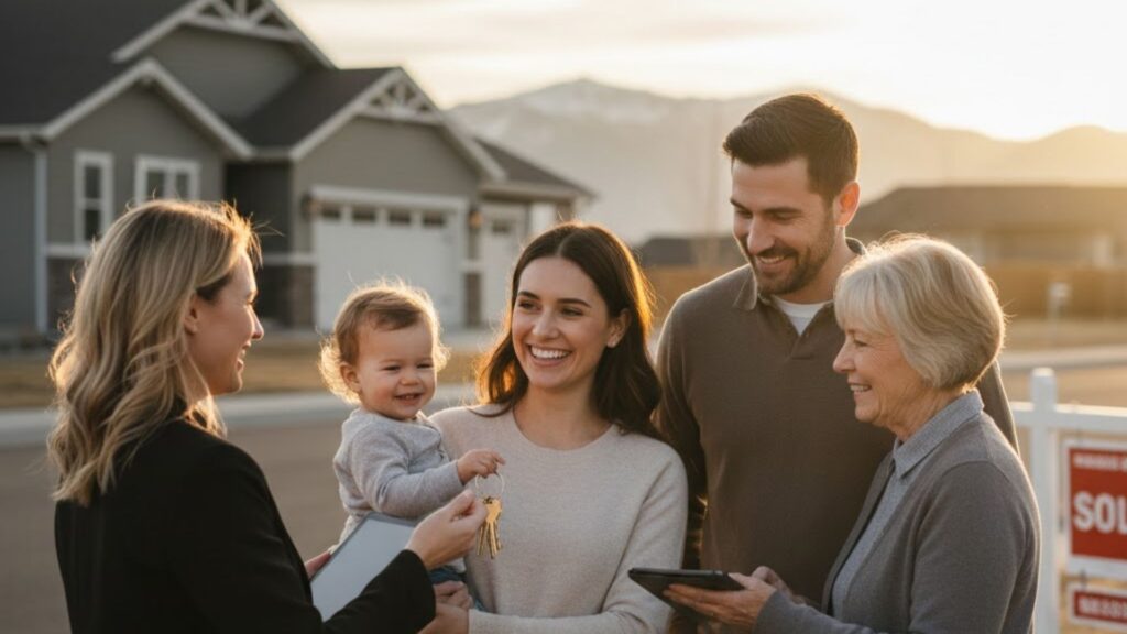 family talking to a property manager outside of house