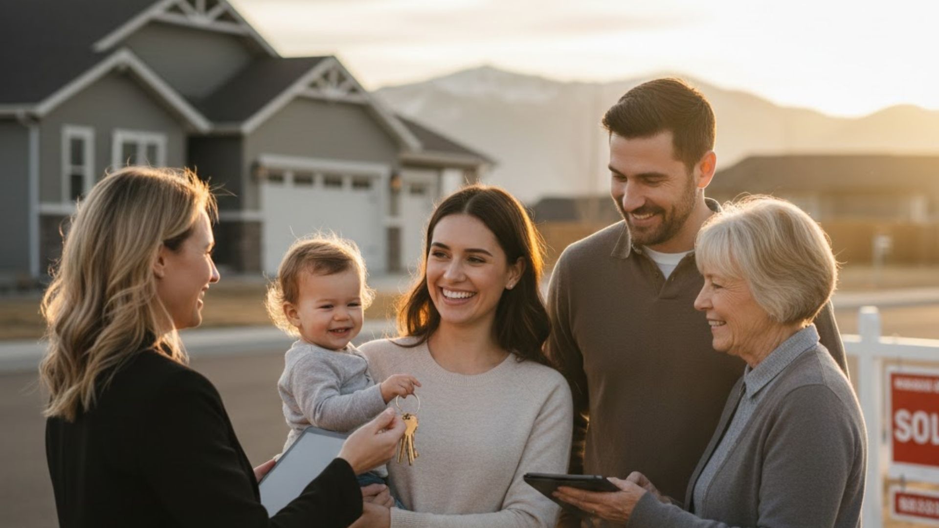 family talking to a property manager outside of house