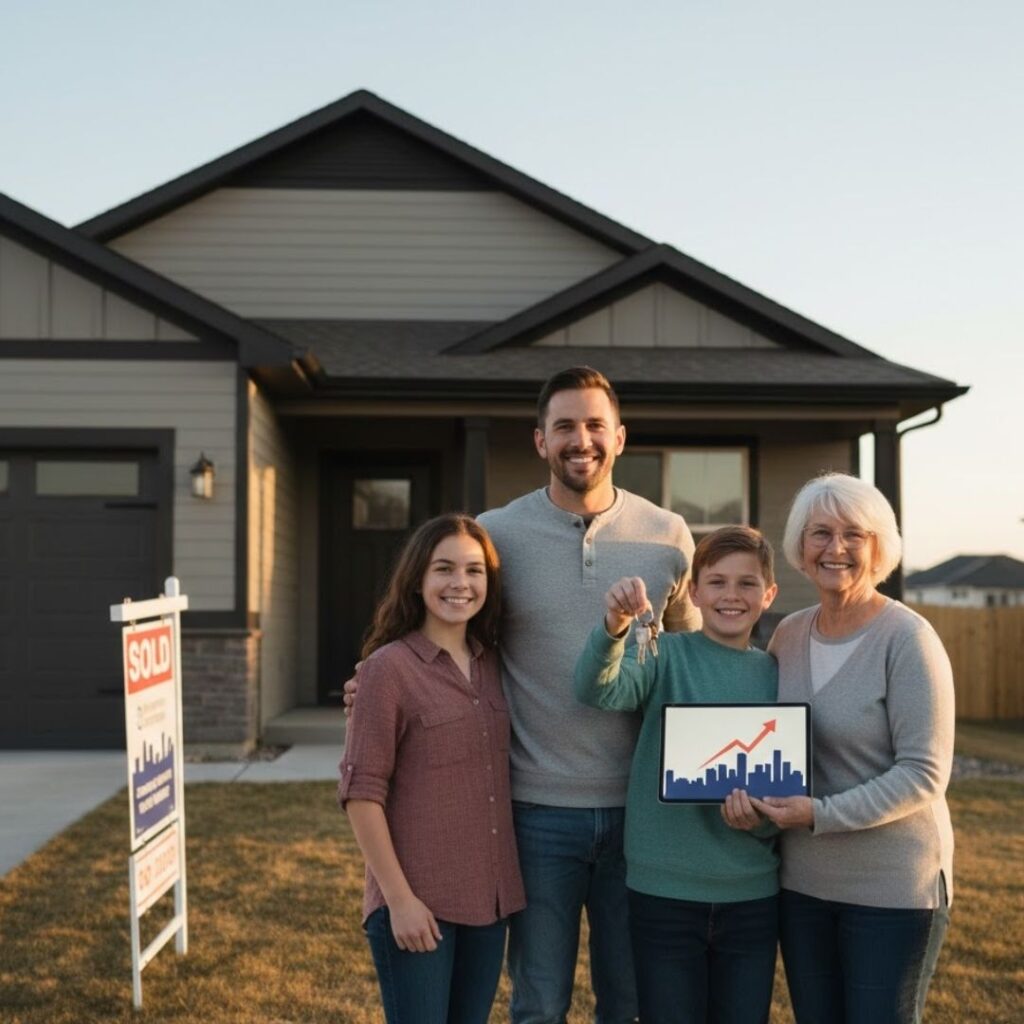 A happy family standing together in front of their new house with a sold sign in the yard.