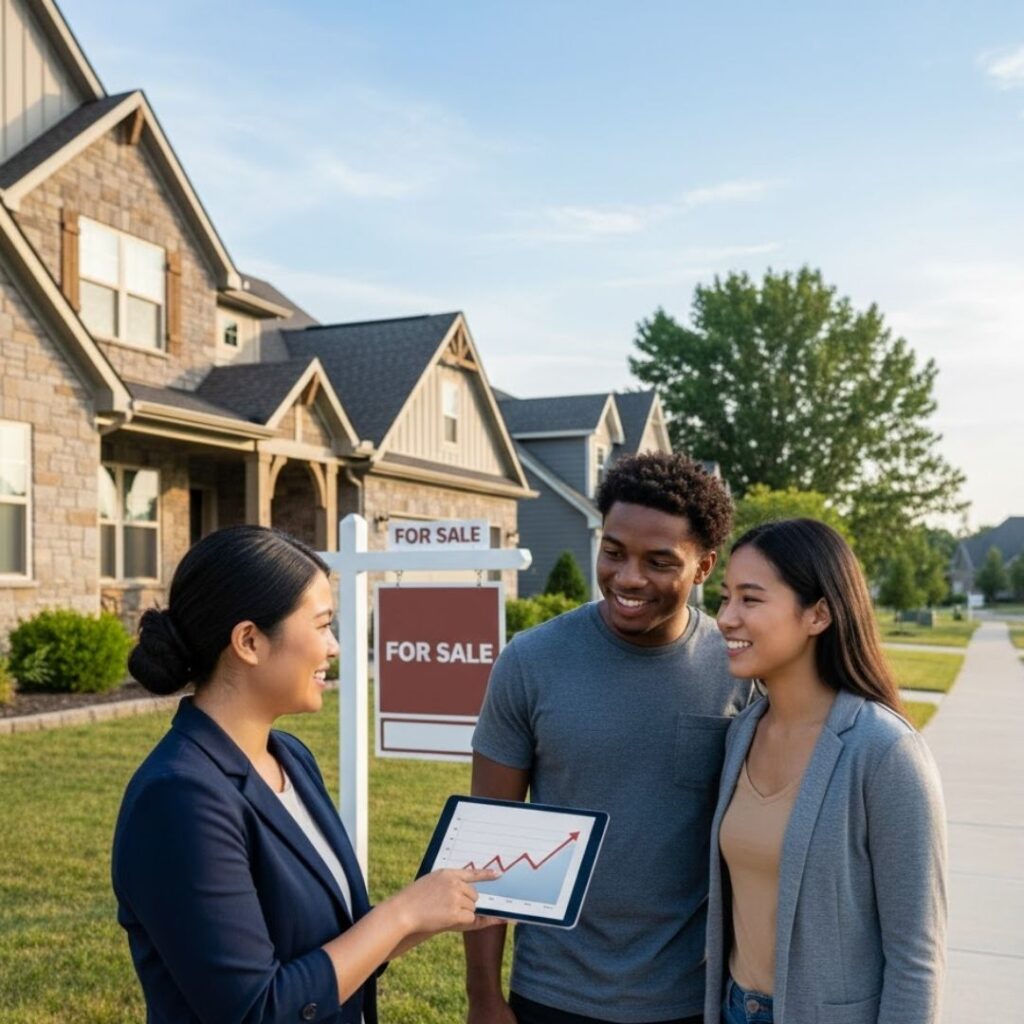 A real estate professional showing a digital market trend chart on a tablet to a young couple outdoors.