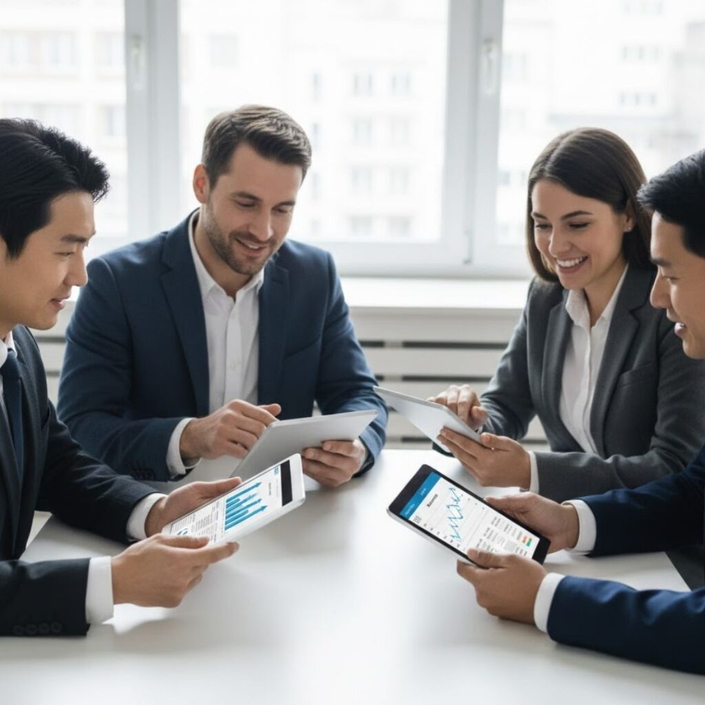 Four professional colleagues sitting around a table in a bright office while reviewing financial data on tablets.