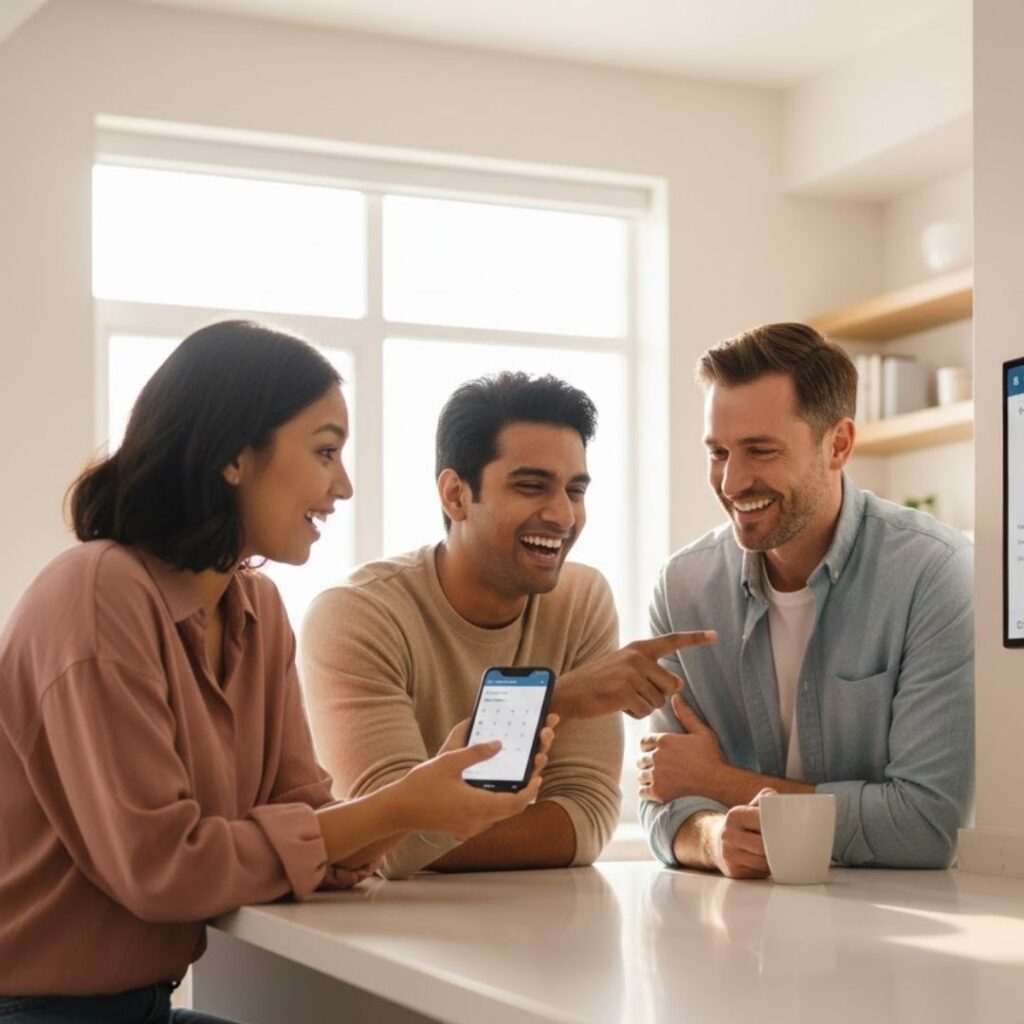 Three friends laughing in a clean kitchen while looking at a mobile app on a smartphone.