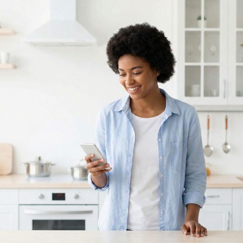 A person uses a smartphone app to pay rent in a kitchen.