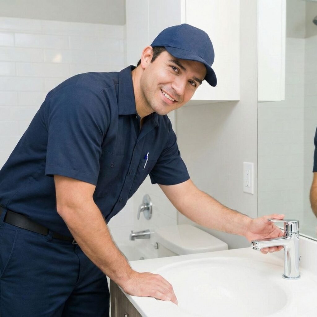 A maintenance professional inspects a faucet in a clean bathroom.