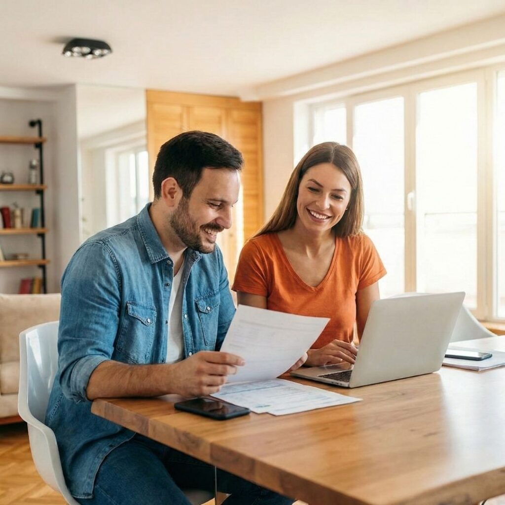 A happy couple reviews finances on a laptop in their home.