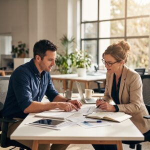 Two professionals sitting across from each other, reviewing documents at a bright, modern office desk. 