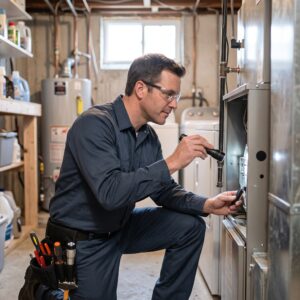 A focused handyman in a clean, professional uniform inspecting a modern HVAC unit in a clean residential utility room.