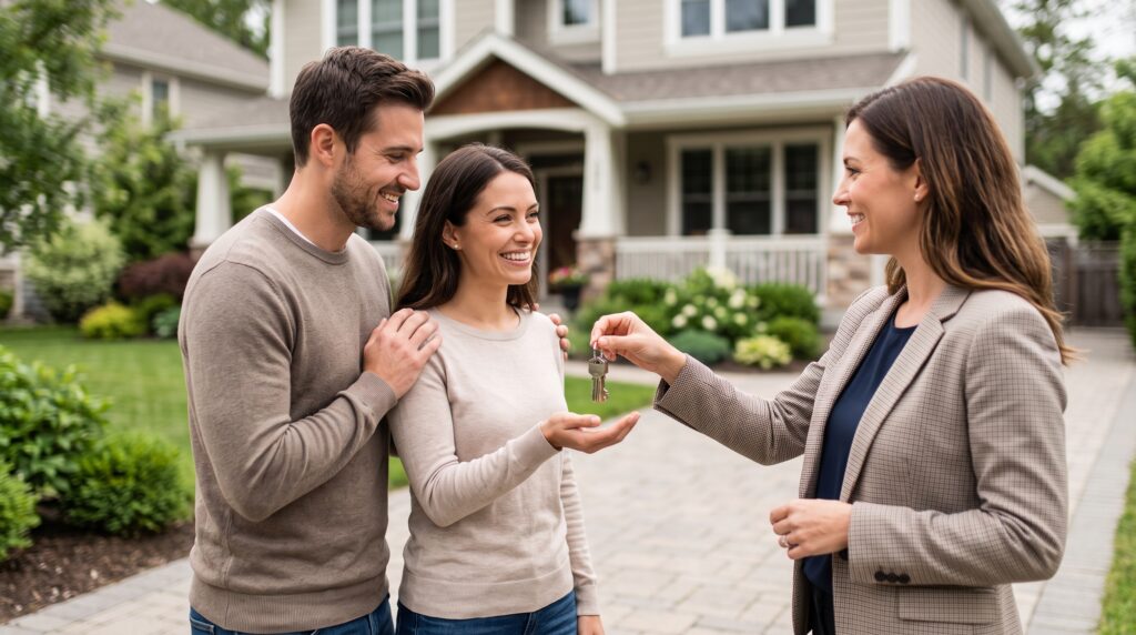 A friendly property manager handing house keys to a smiling couple in front of a beautiful suburban home.