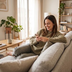 A person relaxing on a comfortable living room couch, smiling warmly while looking at a smartphone screen.